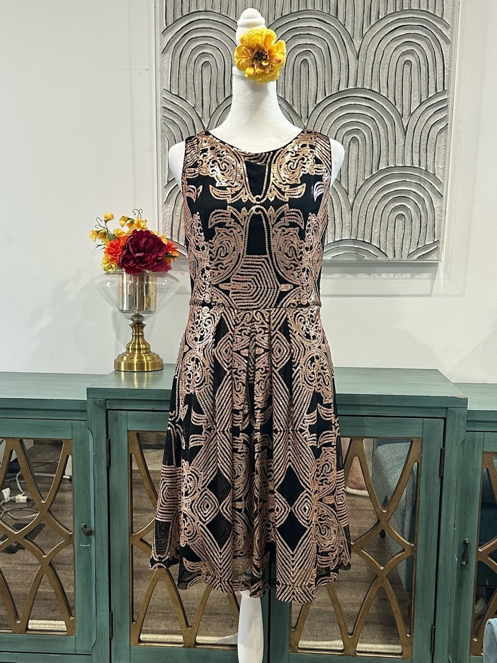 eva mendes for New York & Company Black Dress with Rose Gold Pattern